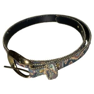Vtg Women’s Bonded Leather Tapestry Belt Beaded Small Boho‎ Gold Buckle Western